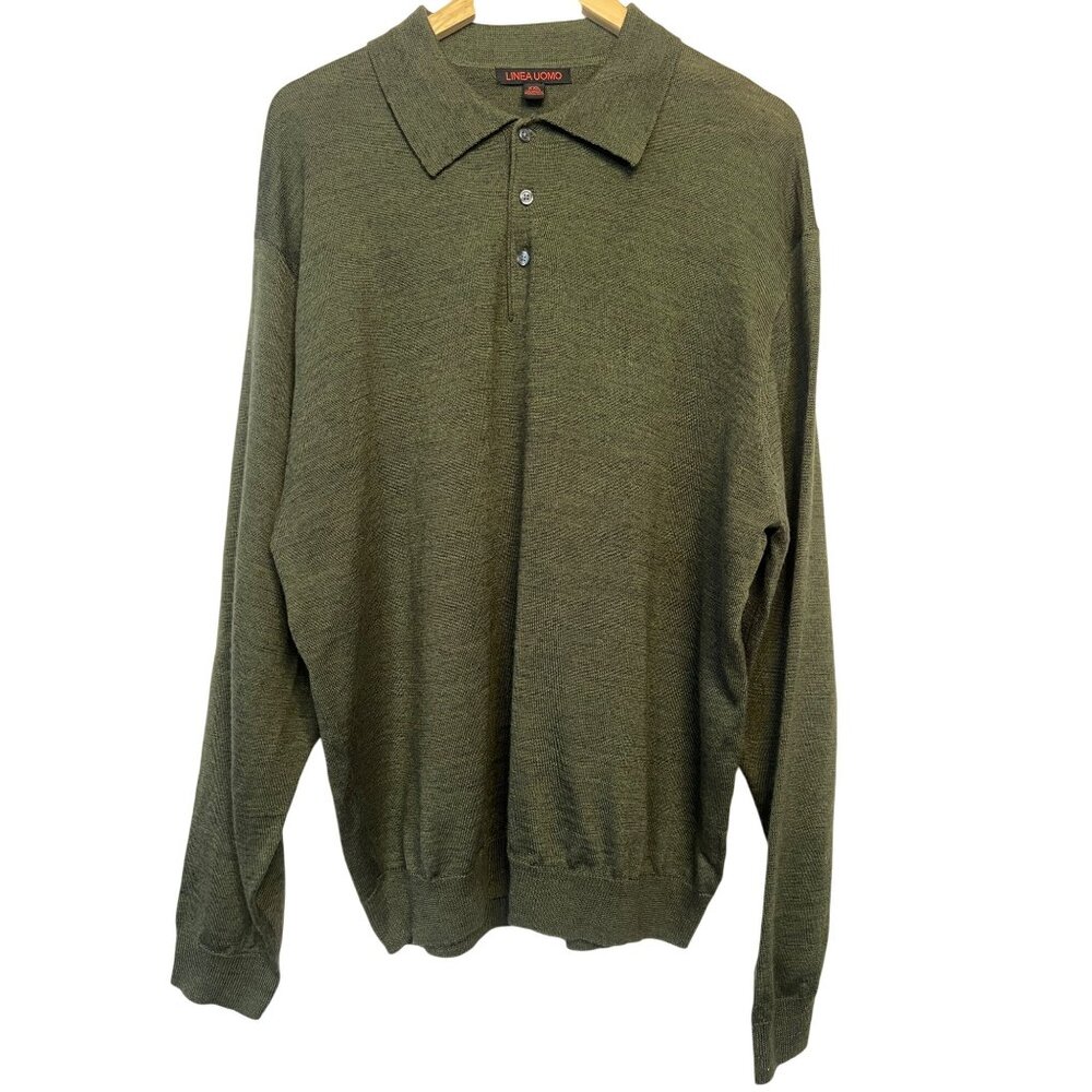 Vintage Linea Uomo Mens XXL Olive Green Wool & Acrylic Long Sleeve Polo Sweater